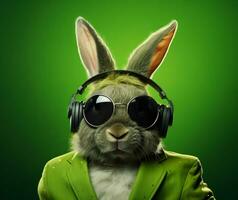 AI generated rabbit in headphones with glasses looking off into the distance photo