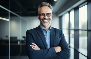 AI generated smiling businessman in office photo