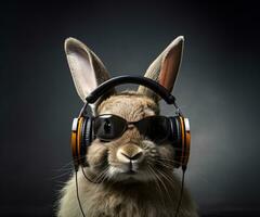 AI generated rabbit in headphones with glasses looking off into the distance photo