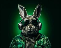 AI generated rabbit in headphones with glasses looking off into the distance photo