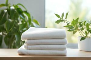 AI generated three white towel stacked next to a plant on a table photo