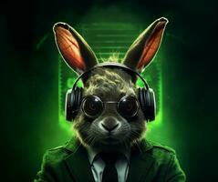 AI generated rabbit in headphones with glasses looking off into the distance photo