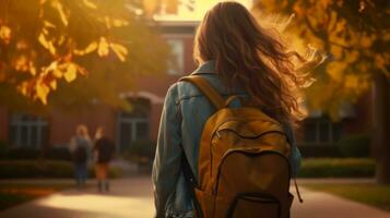 ai generado estudiante mujer caminando lejos desde colegio con su mochila foto