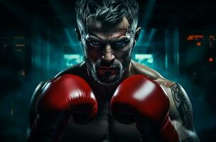 AI generated man boxing in a dark room, photo