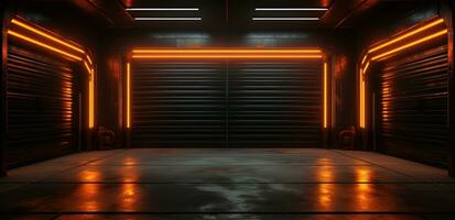 AI generated neon lights on an automatic garage door on black background photo