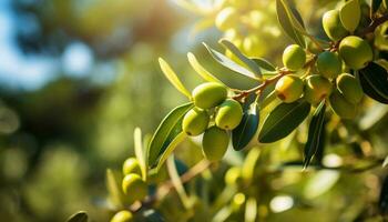 AI generated olives are growing on a tree and are seen in a sunny background photo