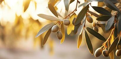 AI generated olive leaves growing on a tree at sunrise photo
