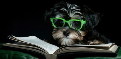 ai generado pequeño perro en lentes leyendo el libro foto