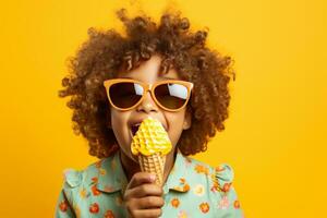 AI generated child holding an ice cream cone and wearing sunglasses ice cream photo