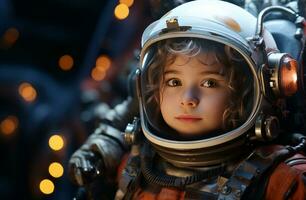 ai generado pequeño niña astronauta en espacio foto