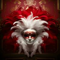 ai generado mardi gras fiesta tema con rojo pluma carnaval cara máscara contento mardi gras foto