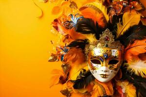 AI generated Colorful festive of mardi gras venetian carnivale mask beads party design banner with copy space photo