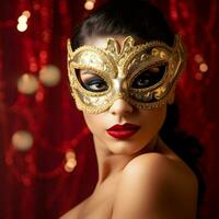 AI generated Young lovely woman closeup portrait with face mask for mardi gras event isolated red background photo