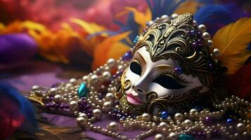 ai generado un festivo, mardi gras o carnaval hembra máscara . veneciano máscara para mardi gras fiesta preparativos foto