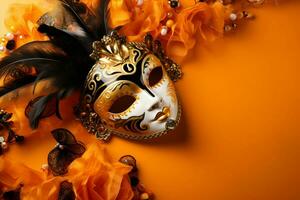 AI generated Mardi Gras masks in traditional banner with copy space , festive Mardi Gras colors photo