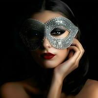 AI generated Young lovely woman closeup portrait with face mask for mardi gras event isolated black background photo