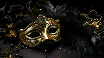 AI generated Mardi Gras background golden feather mask for happy Mardi Gras day isolated dark background photo