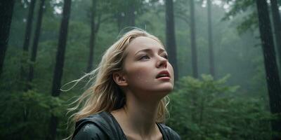AI generated a woman crying in the rain while looking up at the sky while in the middle of the forest photo