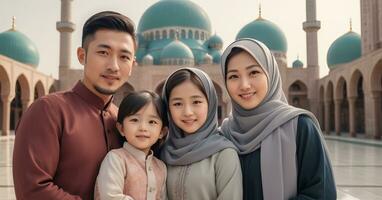 ai generado asiático familia en frente de mezquita foto