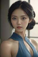 AI generated perfect beautiful korean woman wearing blue dress photo