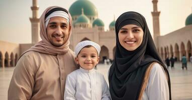 ai generado árabe musulmán familia en frente de un mezquita foto