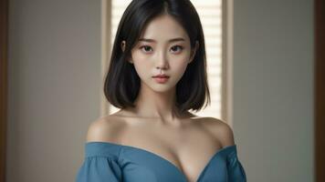 AI generated perfect beautiful korean woman wearing blue dress photo