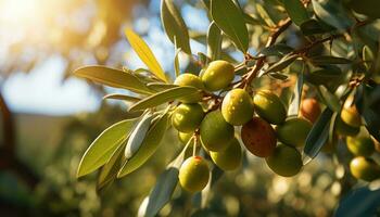 AI generated olives are growing on a tree and are seen in a sunny background photo