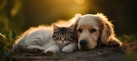 ai generado dos perros y gatos acostado juntos en el césped foto