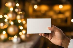 AI generated person holding paper with christmas lights background photo