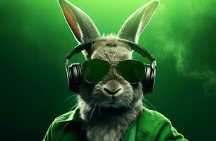 AI generated rabbit in headphones with glasses looking off into the distance photo