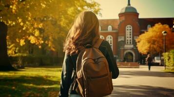 ai generado estudiante mujer caminando lejos desde colegio con su mochila foto