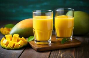 AI generated two glasses of mango juice next to pieces of mango on a wooden background photo