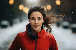 ai generado mujer trotar en el nieve sonriente mientras corriendo foto
