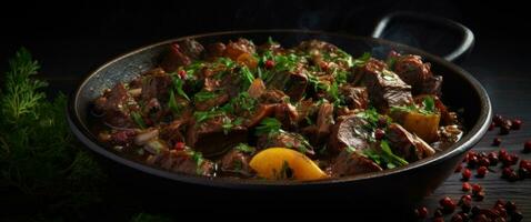 AI generated stew in a frying pan with herbs on dark kitchen table photo