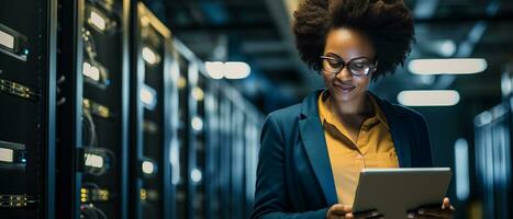 AI generated woman working in server room using tablet photo