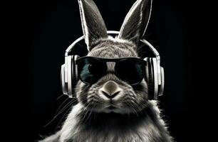 AI generated rabbit in headphones with glasses looking off into the distance photo