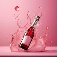ai generado rosado vino botella en un rosado agua chapoteo con burbujas en el espuma foto