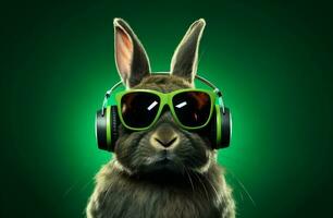 AI generated rabbit in headphones with glasses looking off into the distance photo