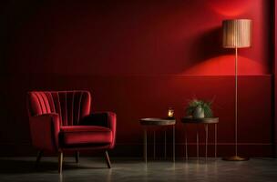 AI generated red velvet chair set with side lamp in an old red room photo