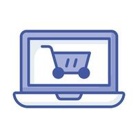 Shopping basket inside laptop showing concept icon of online shopping, vector of shopping website