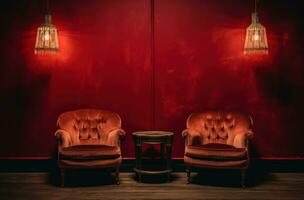 ai generado rojo terciopelo silla conjunto con lado lámpara en un antiguo rojo habitación foto