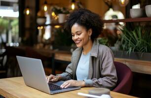 AI generated woman smiling at the laptop while working at a tabletop photo