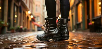 AI generated woman wearing black boots walking down cobbled street photo