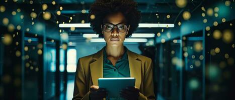 AI generated woman working in server room using tablet photo