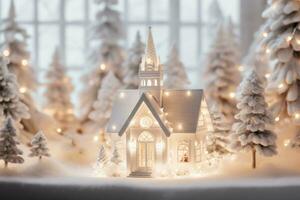 AI generated white chalet with nativity scene with lit christmas lights photo