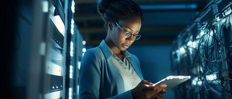 AI generated woman working in server room using tablet photo