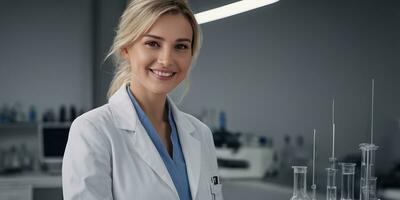 ai generado un hermosa sonriente mujer vistiendo un laboratorio Saco en el laboratorio foto