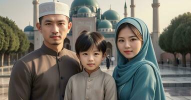 ai generado asiático familia en frente de mezquita foto