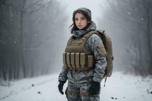 ai generado un mujer en militar engranaje en pie en el nieve foto