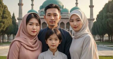 ai generado asiático familia en frente de mezquita foto